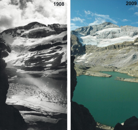 Fig. 13 a et b – Glacier du Mont Perdu (Aragon) depuis le refuge de Tuquerouye (1908 : cliché de L. Gaurier et 2009 : cliché de G. Nogué)